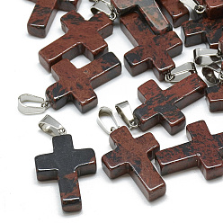 Mahogany Obsidian Natural Mahogany Obsidian Pendants, with Stainless Steel Snap On Bails, Cross, 29~30x18~19x5~6mm, Hole: 6x4mm