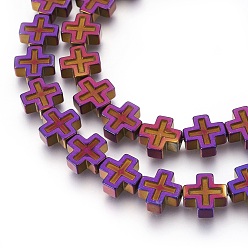 Purple Plated Electroplated Non-magnetic Synthetic Hematite Beads Strands, Polish, Cross, Purple Plated, 10x10x4mm, Hole: 1mm, about 40pcs/strand, 15.94 inch(40.5cm)