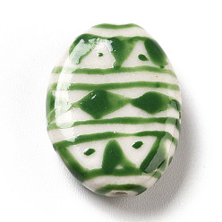 Lime Green Handmade Printed Porcelain Beads, Oval with Triangle Pattern, Lime Green, 18x14.5x5mm, Hole: 1.6mm