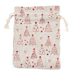 Christmas Tree Christmas Theme Cotton Fabric Cloth Bag, Drawstring Bags, for Christmas Party Snack Gift Ornaments, Christmas Tree Pattern, 14x10cm