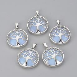 Opalite Opalite Pendants, with Brass Findings, Flat Round with Tree of Life, Platinum, 30.5x27x8mm, Hole: 7x3mm