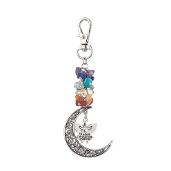 Angel & Fairy Natural & Synthetic Mixed Gemstone Chip Pendant Decorations, with Alloy Pendants and Swivel Clasps, Moon, Angel & Fairy, 113mm