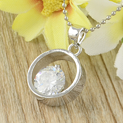 Real Platinum Plated Flat Round Real Platinum Plated Brass Cubic Zirconia Pendants, Real Platinum Plated, 12~13.5x9x4mm, Hole: 3.5mm