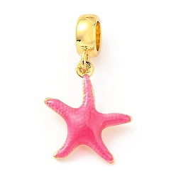 Hot Pink Brass Enamel European Dangle Charms, Large Hole Pendants, Lead Free & Cadmium Free, Real 18K Gold Plated, Starfish Charm, Hot Pink, 27mm, Hole: 5mm