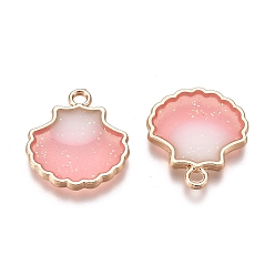 Pink Alloy Enamel Pendants, Double-Sided, Scallop Shell Shape, Golden, Pink, 18x15.5x2mm, Hole: 1.6mm