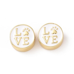 White Brass Enamel Beads, Cadmium Free & Lead Free, Long-Lasting Plated, Real 18K Gold Plated, Flat Round with Word Love & Cat Paw, White, 12x5.5mm, Hole: 2.5mm
