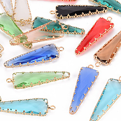 Mixed Color Glass Pendants, with Golden Tone Brass Findings, Faceted, Triangle, Mixed Color, 41.5x12.5x5mm, Hole: 2mm