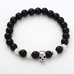 Black Stone Unique Design Skull Gemstone Beaded Stretch Bracelets, with Alloy Beads and Brass Textured Beads, Black Stone, 53mm