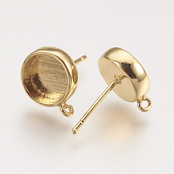 Golden Brass Ear Stud Findings, with Loop, Flat Round, Golden, Tray: 8mm, 15x10mm, Hole: 1mm, Pin: 0.7mm