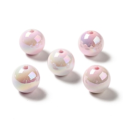 Pink Placage uv perles acryliques irisées arc-en-ciel opaques, ronde, rose, 15~15.5x15.5~16mm, Trou: 2.7~2.8mm