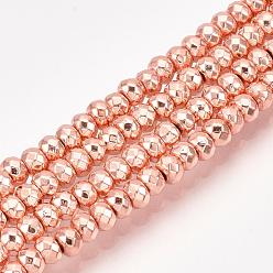Oro de Rosa Plateado Electroplate hematites sintética hebras de perlas no magnéticas, Rondana plana, facetados, chapado en oro rosa, 3x2 mm, agujero: 1 mm, sobre 208 unidades / cadena, 15.7 pulgada