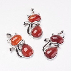 Carnelian Natural Carnelian/Red Agate Kitten Pendants, with Brass Findings, Cat Silhouette Shape, Dyed & Heated, Platinum, 44x26.5x7.5mm, Hole: 4x6mm