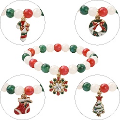 Mixed Shapes Resin Round Beaded Stretch Bracelet with Alloy Enamel Christmas Charms, Mixed Shapes, Inner Diameter: 2-1/8 inch(5.25cm)