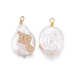 Scorpio Natural Cultured Freshwater Pearl Pendants, with Brass Micro Pave Cubic Zirconia Findings, Nuggets with Constellation, Golden, Clear, Scorpio, 17~22x11~16x5~11mm, Hole: 1.6mm