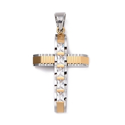 Golden & Stainless Steel Color 304 Stainless Steel Big Pendants, Cross, with Rhinestones, Golden & Stainless Steel Color, 50x32x6mm, Hole: 10x8mm