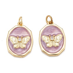 Real 18K Gold Plated Brass Micro Pave Clear Cubic Zirconia Pendants, with Enamel and Jump Rings, Polygon with Butterfly, Real 18K Gold Plated, 18x12x2.5mm, Hole: 3.5mm