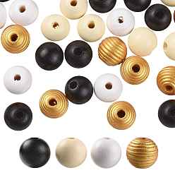 Mixed Color 160 Pcs 4 Colors Bee Honey Color Painted Natural Wood Round Beads, for DIY Craft, with Waterproof Vacuum Packing, Old Lace & Black & White & Goldenrod, 16mm, Hole: 4mm, 40pcs/color