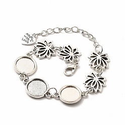 Antique Silver Alloy Bracelets & Anklets Making, Lotus Link Bracelet with Heart Charm, Blank Cabochon Setting, Antique Silver, 9-1/8 inch(23cm), Round Tray: 12mm