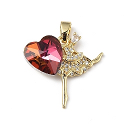 Cerise Real 18K Gold Plated Rack Plating Brass Micro Pave Clear Cubic Zirconia Pendants, with Glass, Long-Lasting Plated, Cadmium Free & Lead Free, Dancer with Heart Charm, Cerise, 23x24.5x8.2mm, Hole: 5x3.2mm
