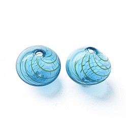 Deep Sky Blue Transparent Handmade Blown Glass Globe Beads, Stripe Pattern, Bicone, Deep Sky Blue, 19~21x19~20.5mm, Hole: 1~2mm