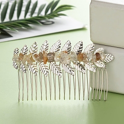 Rutilated Quartz Leaf Natural Rutilated Quartz Chips Hair Combs, with Iron Combs, Hair Accessories for Women Girls, 45x80x10mm