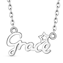 Platinum SHEGRACE Rhodium Plated 925 Sterling Silver Pendant Necklaces, with Cable Chains, Word Grace, Platinum, 15 inch(38cm)