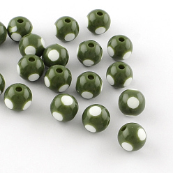Dark Olive Green Dot Pattern Opaque Acrylic Beads, Round, Dark Olive Green, 16x15mm, Hole: 3mm, about 220pcs/500g