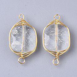 Quartz Crystal Natural Quartz Crystal Links Connectors, Rock Crystal, Wire Wrapped Links, with Golden Tone Brass Wires, Rectangle, 21x11x5mm, Hole: 1.5mm