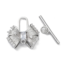 Real Platinum Plated Brass Pave Clear Cubic Zirconia Toggle Clasps, with Glass, Bowknot, Real Platinum Plated, Bar: 4.5x21x2mm, Hole: 1.4mm, Bowknot: 20.5x19x5mm, hole: 1.5mm