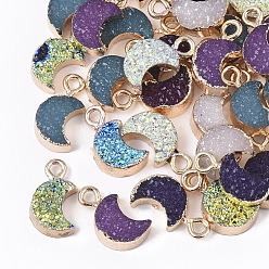 Mixed Color Druzy Resin Pendants, with Edge Light Gold Plated Iron Loops, Moon, Mixed Style, Mixed Color, 14~15x8x4mm, Hole: 1.8mm
