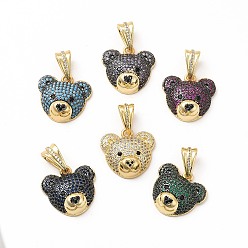 Mixed Color Rack Plating Brass Micro Pave Cubic Zirconia Pendants, Cadmium Free & Lead Free, Real 18K Gold Plated, Long-Lasting Plated, Bear Head Charm, Mixed Color, 18x19.5x7mm, Hole: 4x8mm