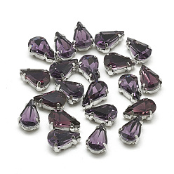 Purple Sew on Rhinestone, Multi-strand Links, Glass Rhinestone, with 201 Stainless Steel Prong Settings, Garments Accessories, Faceted, teardrop, Purple, 14x10x6mm, Hole: 0.8~1mm