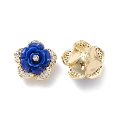 Medium Blue Brass Micro Pave Cubic Zirconia Beads, with Grade A Rhinestone & Resin, Lead Free & Cadmium Free, Long-Lasting Plated, Real 18K Gold Plated, Flower, Medium Blue, 18x11mm, Hole: 1mm