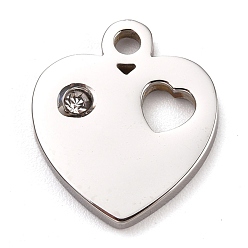 Stainless Steel Color 304 Stainless Steel Charms, Manual Polishing, with Crystal Rhinestone, Heart, for Valentine's day, Stainless Steel Color, 12.5x11x1.2mm, Hole:1.8mm