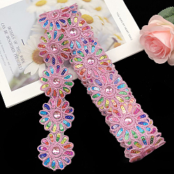Rose Nacré Bordure en dentelle de polyester, avec des paillettes colorées, fleur, accessoires du vêtement, perle rose, 2-3/8 pouces (60 mm), environ 4.5 yards/pc