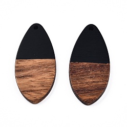 Black Opaque Resin & Walnut Wood Pendants, Teardrop Shape Charm, Black, 38x18x3mm, Hole: 2mm