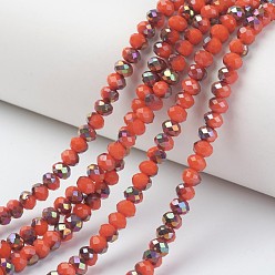 Tomato Electroplate Opaque Glass Beads Strands, Half Rose Gold Plated, Faceted, Rondelle, Tomato, 8x6mm, Hole: 1mm, about 65~68pcs/strand, 15.7~16.1 inch(40~41cm)