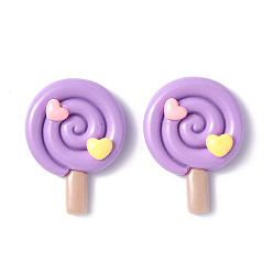 Lilac Opaque Resin Cabochons, Lollipop with Heart, Lilac, 34.5x26x8.5mm