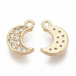 Real 18K Gold Plated Brass Micro Pave Cubic Zirconia Charms, Nickel Free, Real 18K Gold Plated, Moon, Clear, 9x6.5x1.5mm, Hole: 1mm