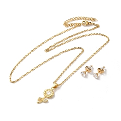 Oro Collar con colgante de flor de la vida de zirconia cúbica transparente y aretes de diamantes, 304 juego de joyas de acero inoxidable para mujer, dorado, 500 mm, 13.5x5.5 mm, pin: 0.7 mm