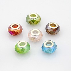 (52) Непрозрачная лаванда Цвет AB покрытием стекло европейские шарики, бусины с большими отверстиями в форме шайбы, с латунными ярдами серебянного цвета , граненые, разноцветные, 14x9 мм, отверстие : 5 мм