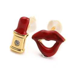 Золотой Асимметричные серьги-гвоздики с прозрачными циркониями для губ и губной помады, ювелирные изделия из латуни с эмалью из огнеупорного кирпича для женщин, долговечный, золотые, губы: 6x8 мм, помада: 8.5x3.5мм