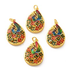 Matte Gold Color Alloy Enamel Pendants, with Jump Ring, Lead Free & Cadmium Free, Teardrop with Flower, Matte Gold Color, 32x21.5x8.5mm, Hole: 4mm, Jump Ring: 6x1mm