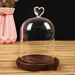 Brun De Noix De Coco Couvercle de dôme en verre transparent en forme de cœur, vitrine décorative, terrarium cloche cloche avec base en bois, brun coco, 90x140mm