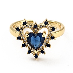 Marina Azul Anillo de puño abierto con corazón de circonita cúbica, joyas de latón chapado en oro real 18k para mujer, sin plomo y cadmio, azul marino, tamaño de EE. UU. 6 (16.5 mm)