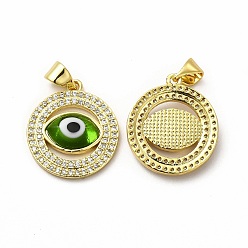 Light Green Rack Plating Real 18K Gold Plated Brass Micro Pave Clear Cubic Zirconia Pendants, with Handmade Lampwork, Cadmium Free & Lead Free, Long-Lasting, Flat Round with Evil Eye, Light Green, 20x17.5x3.5mm, Hole: 5.5x4mm