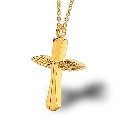 Golden Cross and Wings Urn Ashes Pendant Necklace, 316L Stainless Steel Memorial Jewelry for Women, Golden, 19.69 inch(50cm)
