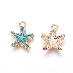 Deep Sky Blue Alloy Enamel Pendants, Starfish/Sea Stars, Light Gold, Deep Sky Blue, 18x14.5x3mm, Hole: 1.4mm