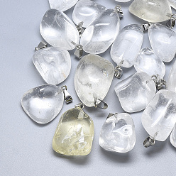 Cristal de Quartz Pendeloques de cristal de quartz naturel, pendentifs en cristal de roche, avec cliquet en acier inoxydable, nuggets, couleur inox, 30~55x18~30x10~20mm, Trou: 3~4x7~8.5mm