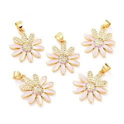 Lilac Real 18K Gold Plated Brass Micro Pave Cubic Zirconia Pendants, with Enamel, Long-Lasting Plated, Flower, Lilac, 22.5x19.5x3.5mm, Hole: 3.5x4mm